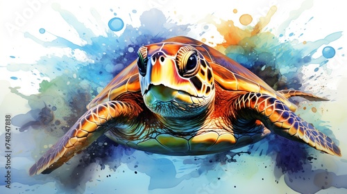 Watercolor cartoon vector illustration of a cute Turtle in bright colors swimming in the sea. isolated on white background. © Sarina