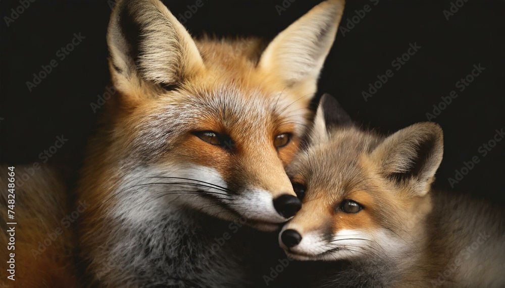 Tender Moment: Close-up Macro Photography of Mother Fox Nuzzling Baby Fox Tender Moment: Close-up Macro Photography of Mother Fox Nuzzling Baby Fox
