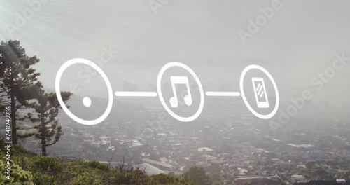 Wallpaper Mural Animation of network of wifi and media icons over modern cityscape Torontodigital.ca