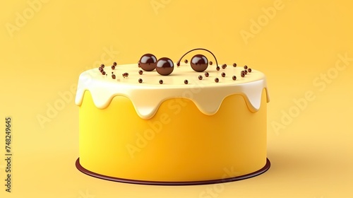 3D rendering of a simple yellow cake with white frosting and chocolate balls on top. photo