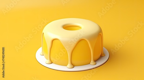 3D rendering of a yellow cake with a hole in the middle and white frosting on top. The cake is sitting on a white plate. photo