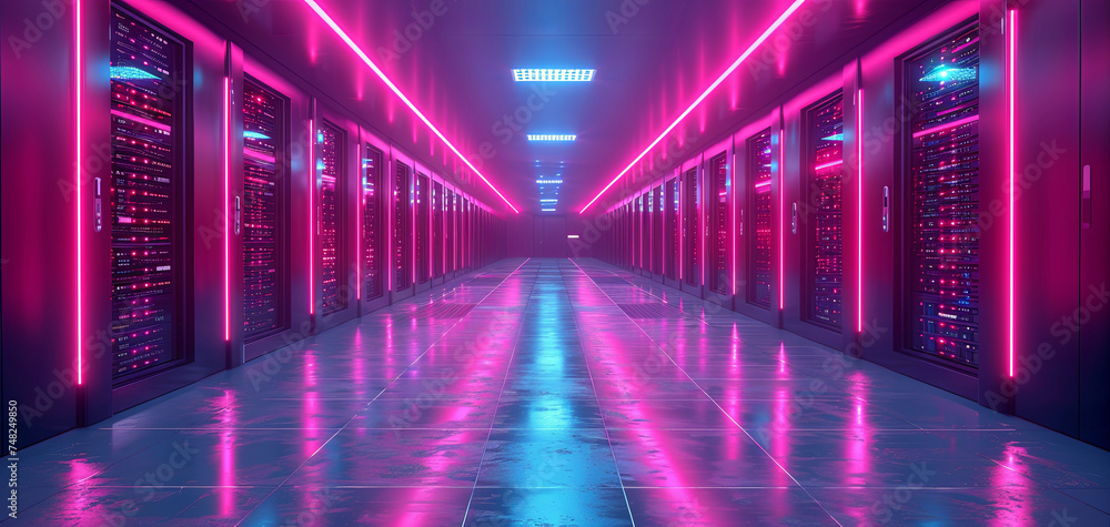 An empty big data center with rows of servers illuminated by blue purple lights, reflecting on the polished floor. An empty big data center with rows of servers illuminated by blue purple lights, reflecting on the polished floor.