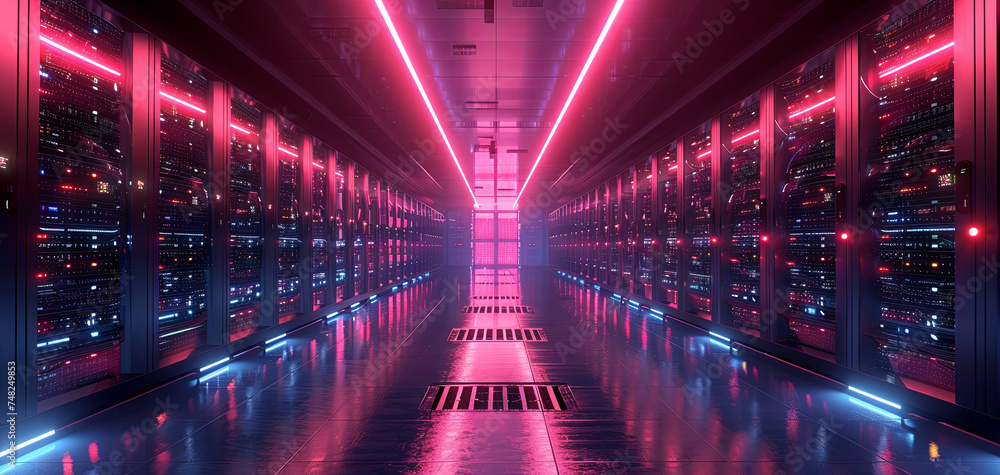 An empty big data center with rows of servers illuminated by blue purple lights, reflecting on the polished floor.