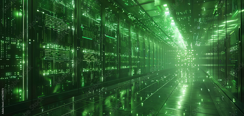 An empty big data center with rows of servers illuminated by green lights, reflecting on the polished floor. An empty big data center with rows of servers illuminated by green lights, reflecting on the polished floor.