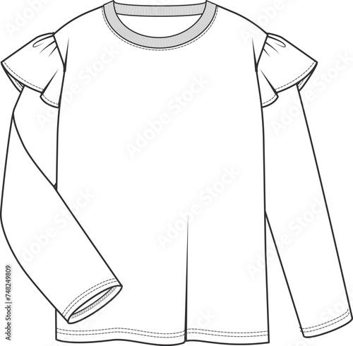 Long sleeve top for girls fashion CAD, crew neck sweatshirt with ruffles and drawstring detail technical drawing, template, model, flat sketch. Fashion design collection.