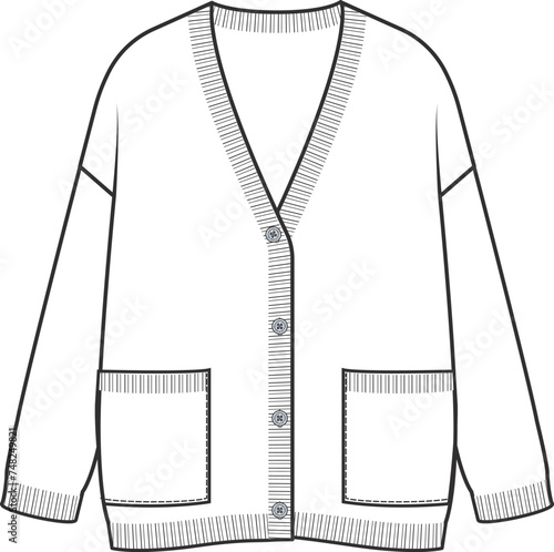 CARDIGAN design technical drawing for girls. Vector flat sketch for designer fashion collection. Cardigan clothing design template.