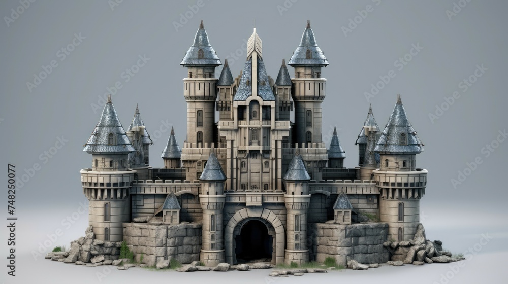 Obraz premium A magnificent castle with intricate details and a grand entrance. The castle is surrounded by a moat and has several towers and turrets.