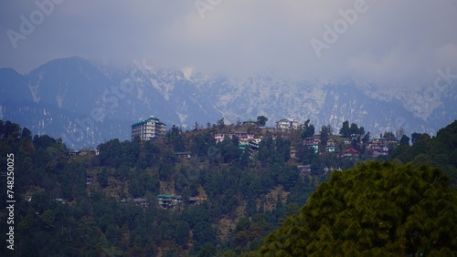 view of small village with mountain DharamshalaTown in Himachal Pradesh