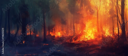 A raging fire burns through a dense forest, consuming countless trees and emitting thick smoke. The intense heat distorts the surroundings, while burning gases create intense evaporation.