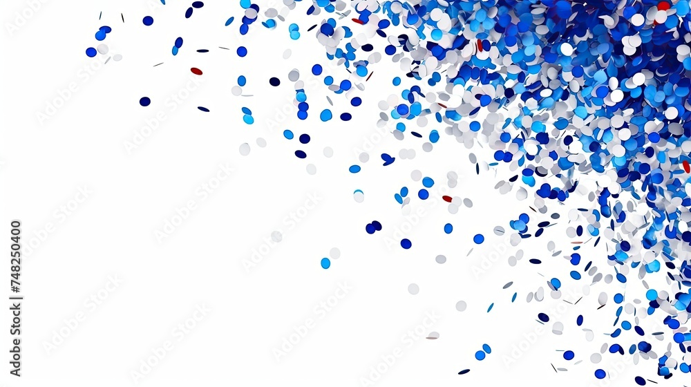 Blue and white confetti falling on a white background.  Use it as a party, celebration or holiday background.