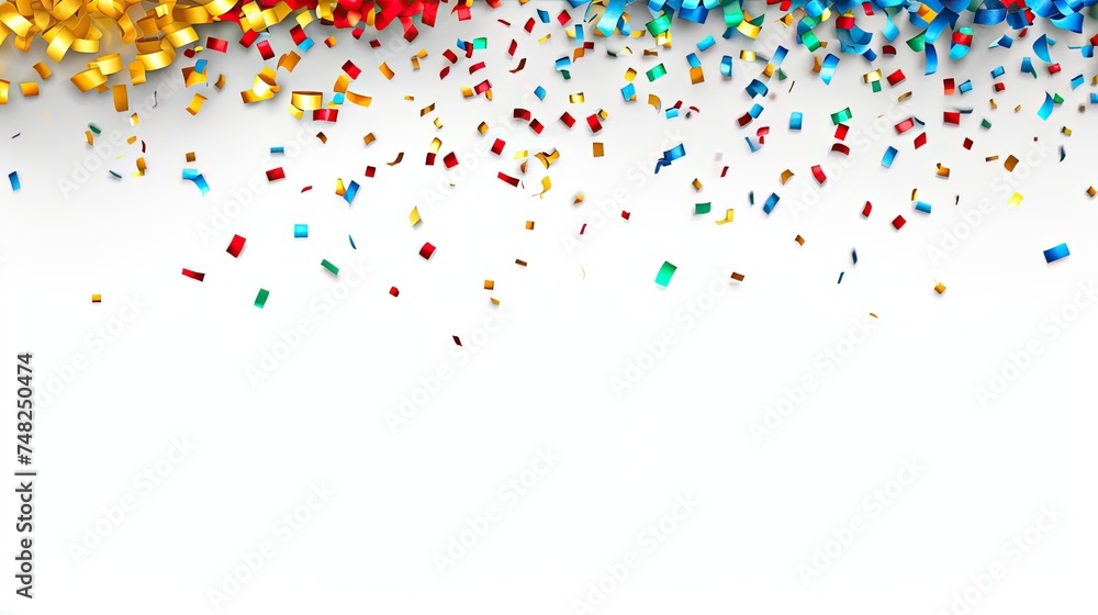 Colorful confetti falling on white background. Celebration and party.