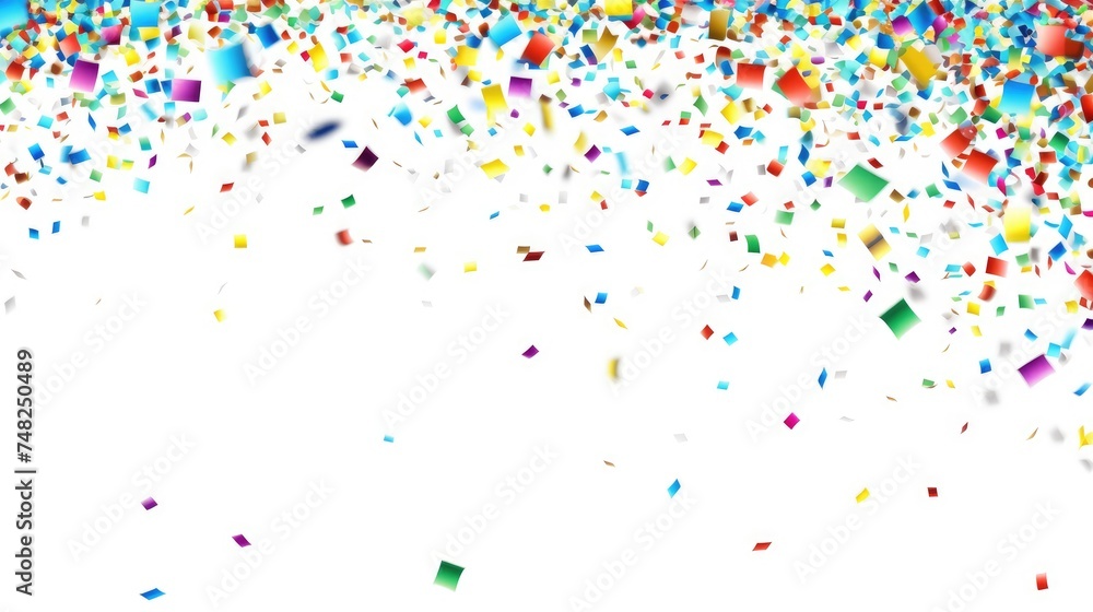 Colorful confetti falling on white background. Festive background for birthday, anniversary, celebration, holiday, party, new year.