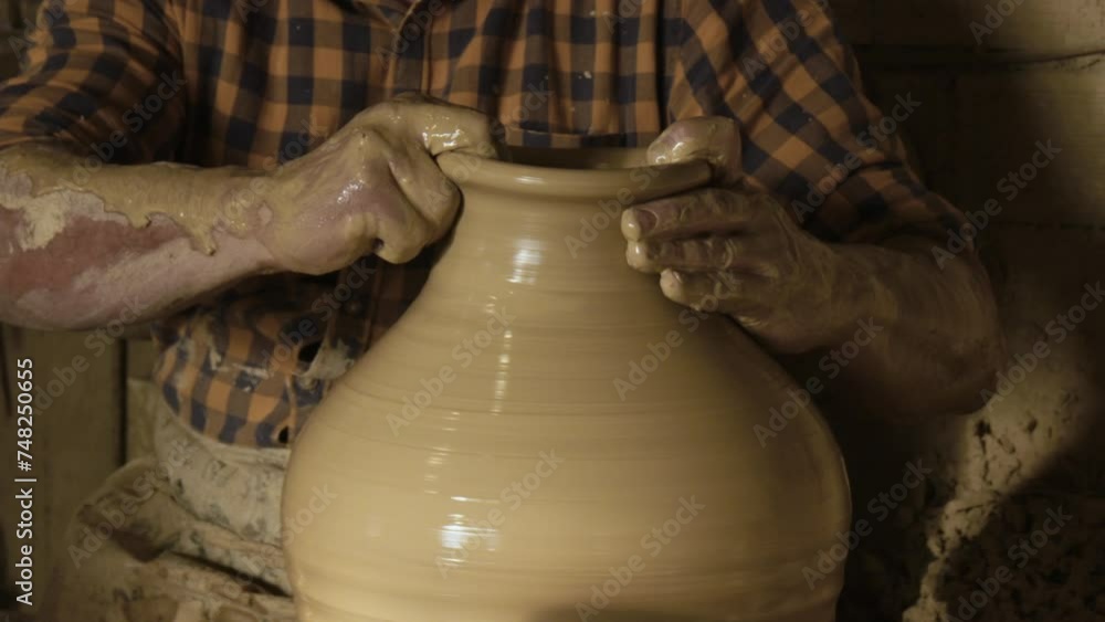 Focused anonymous man shaping vase on potters wheel in workshop Focused anonymous man shaping vase on potters wheel in workshop