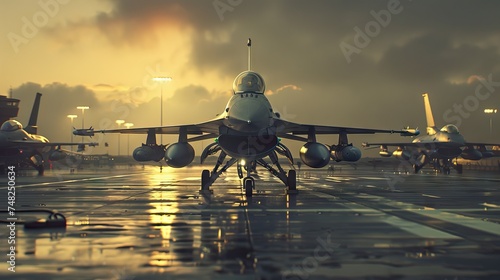 Air military bombers perfoming taxiing on the runway and waiting to take off from the airbase in Russia. Air fighters staying on the airstrip of base. AI generated illustration photo