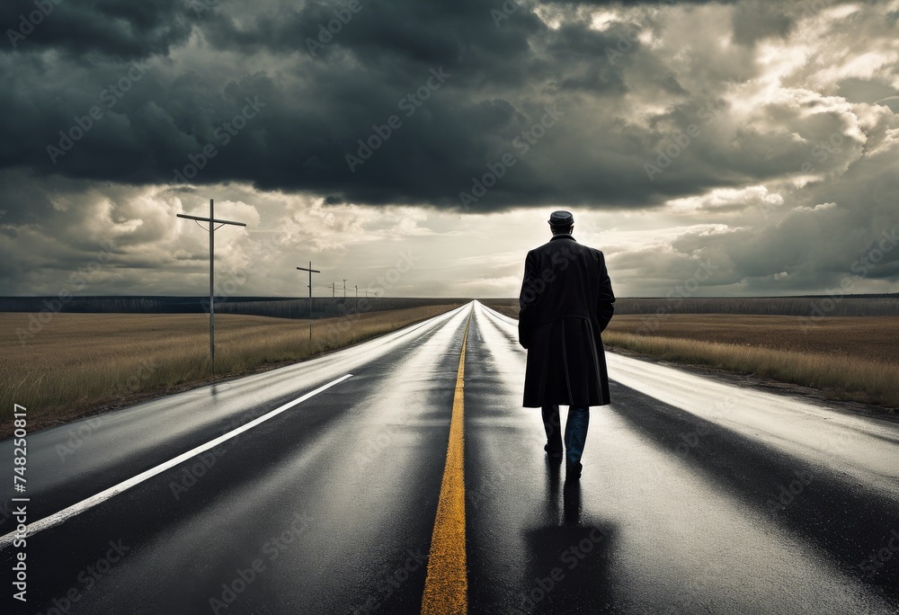 illustration, curious man standing crossroad under cloudy looking into distance ponders his next move, pathway, decision, horizon, choice, contemplation illustration, curious man standing crossroad under cloudy looking into distance ponders his next move, pathway, decision, horizon, choice, contemplation