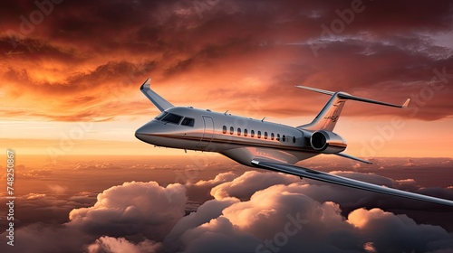 A private jet flies high above the clouds at sunset. The sky is a brilliant orange and yellow, and the clouds are a soft white. photo