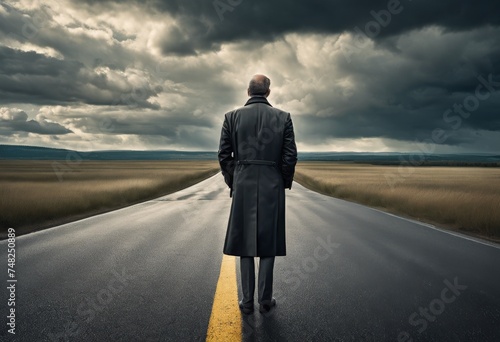illustration  curious man standing crossroad under cloudy looking into distance ponders his next move  pathway  decision  horizon  choice  contemplation