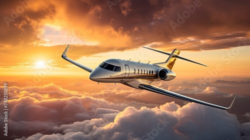 A sleek private jet flies high above the clouds, its silver and gold exterior gleaming in the sunlight.