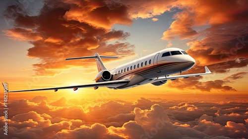 A private jet flies high above the clouds at sunset. The sky is a brilliant orange, and the clouds are a soft, fluffy white.