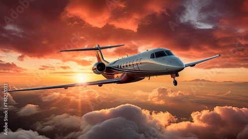 A private jet flies through a vibrant sunset. The plane is sleek and silver, and the sky is a deep orange.