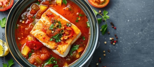A bowl on a table filled with delicious fish soup made with flavorful cod and nutrient-rich vegetables like tomatoes. The soup is steaming and inviting, ready to be enjoyed.