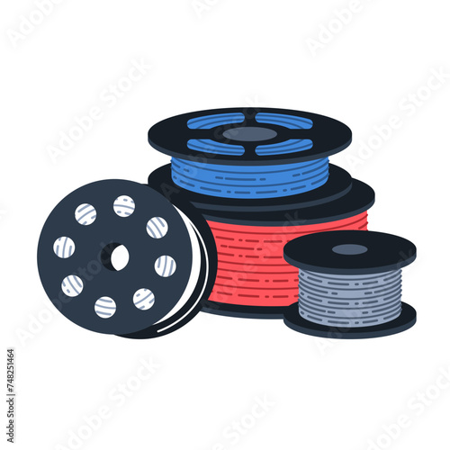 3D printer filaments spools. Different colors polymer plastic wire for 3d printing. Additive manufacturing concept.