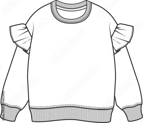 SWEATSHIRT Technical Drawing Fashion Flat Sketch for Girls. Apparel template Fashion CAD Graphics, kids wear, Vector Illustration