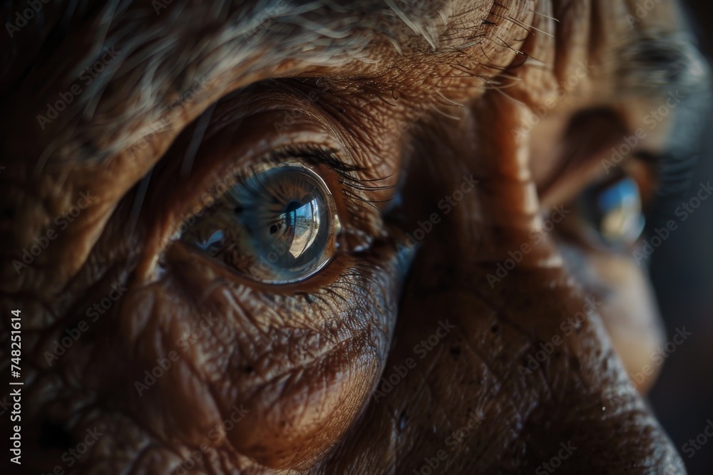 Naklejka premium This detailed image showcases the deep wrinkles and a clear reflection in the eye of an elderly person, evoking a sense of wisdom