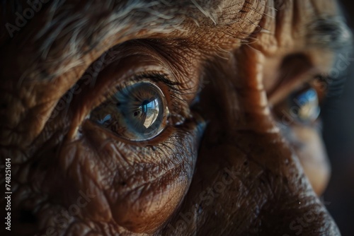 This detailed image showcases the deep wrinkles and a clear reflection in the eye of an elderly person, evoking a sense of wisdom © ChaoticMind