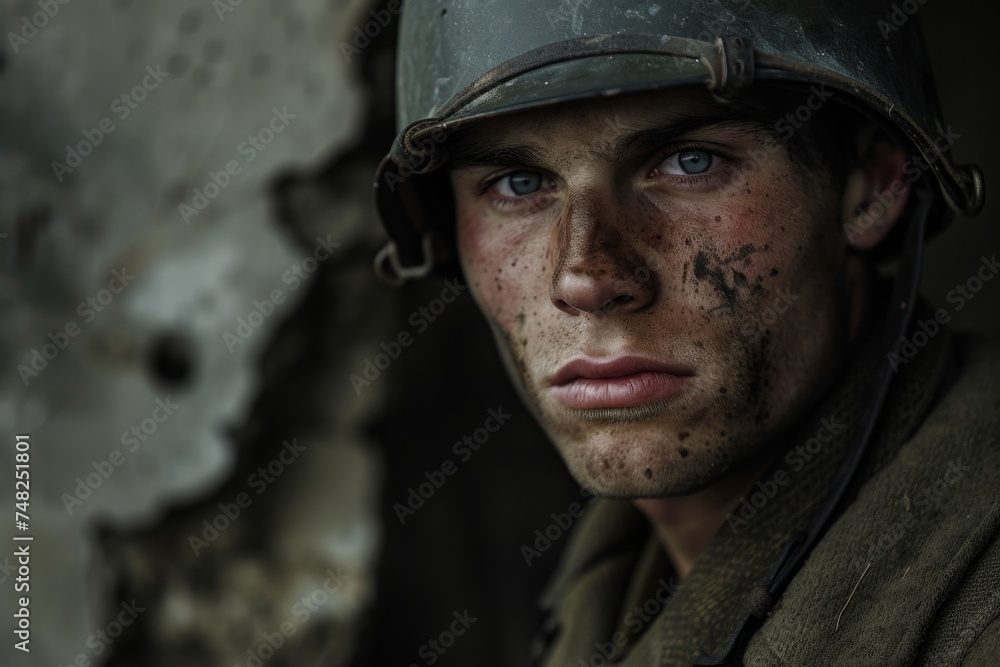 Close-up of a soldier with battle marks on his face posing against a blurred background Close-up of a soldier with battle marks on his face posing against a blurred background