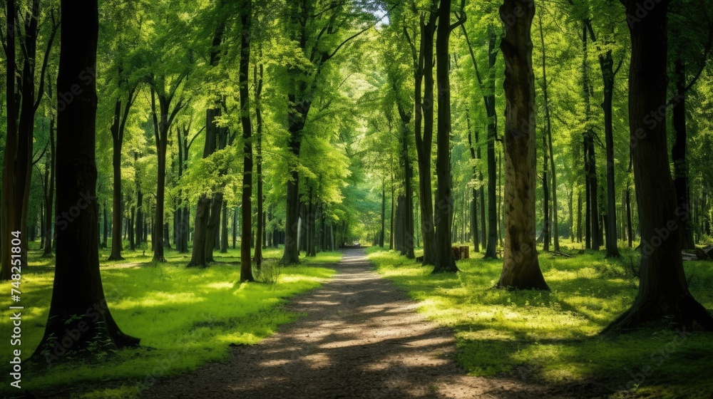 The sun shines through the tall trees in the forest, creating a dappled pattern on the ground. The sun shines through the tall trees in the forest, creating a dappled pattern on the ground.