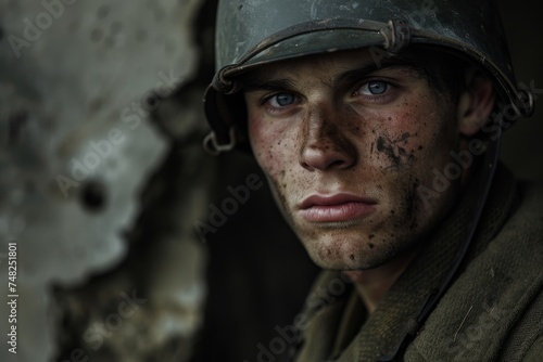 Close-up of a soldier with battle marks on his face posing against a blurred background © ChaoticMind