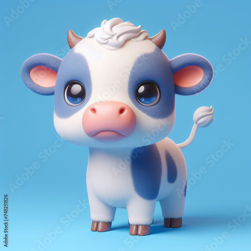 Realistic whole body of cute Cow 3d animal in front  right  left view with blue background