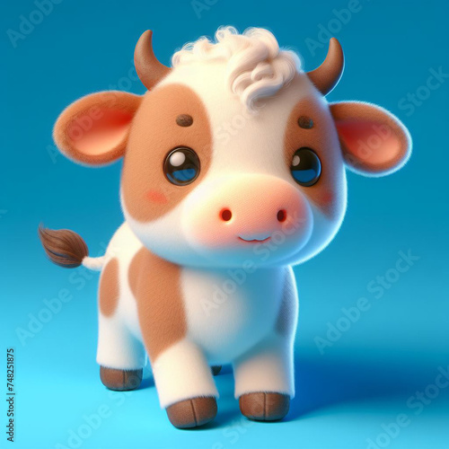 Realistic whole body of cute Cow 3d animal in front  right  left view with blue background