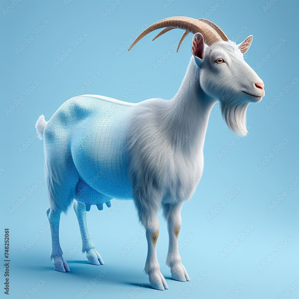 Realistic whole body of goat 3d animal in front, right, left, back view with blue background Realistic whole body of goat 3d animal in front, right, left, back view with blue background