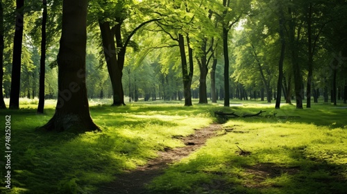 The lush green forest is bathed in sunlight. The trees are tall and majestic, the leaves a vibrant green.