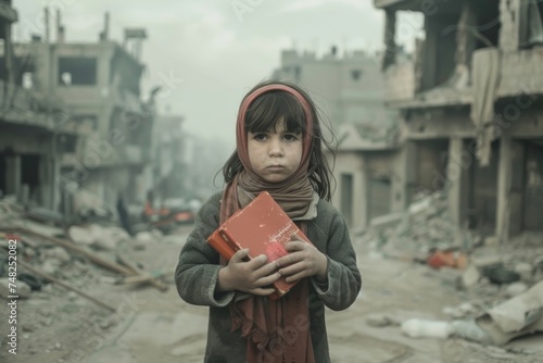 Sad girl with a headband stands amidst destruction holding a red book photo