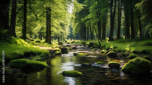The sun shines through the trees in a beautiful forest. The river flows over the rocks in the foreground.