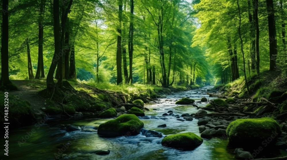 The lush green forest is full of life. The river flows through the middle, and the trees are tall and majestic.