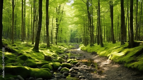 The lush green moss and trees of this beautiful forest create a magical atmosphere.