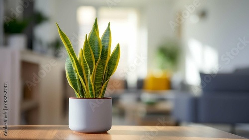 Healthy Potted Plant on Wooden Table in Living Room 