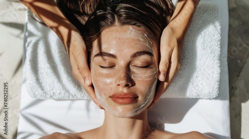 Relaxed woman lying down with exfoliating facial mask in sunlit spa, skincare promotions. Female lying down with a nurturing exfoliating facial mask applied to her skin, as she enjoys a spa treatment.