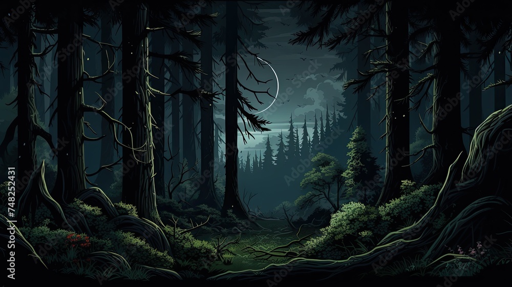 A dark and mysterious forest with a full moon shining through the trees. The forest is full of tall, thick trees and a variety of shrubs and plants.