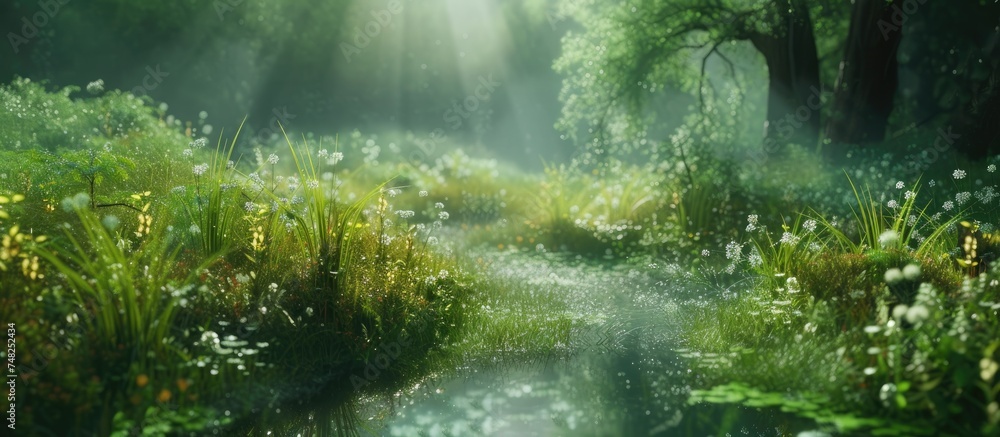 A vibrant path cuts through a lush forest during the season of Spring, with greenery in full bloom and sunlight filtering through the canopy overhead. A vibrant path cuts through a lush forest during the season of Spring, with greenery in full bloom and sunlight filtering through the canopy overhead.