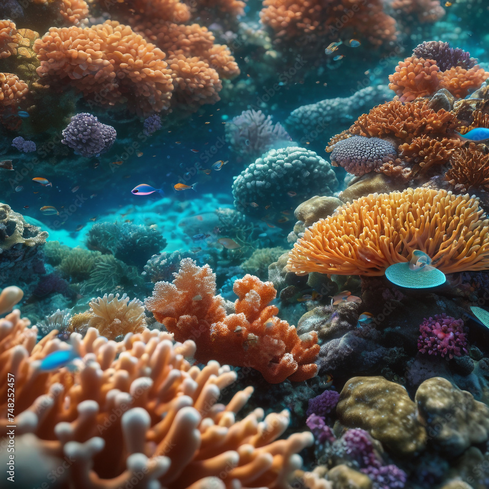 Obraz premium simulation of microscopic aquatic AI entities engaging in a symbiotic relationship with coral reefs.
