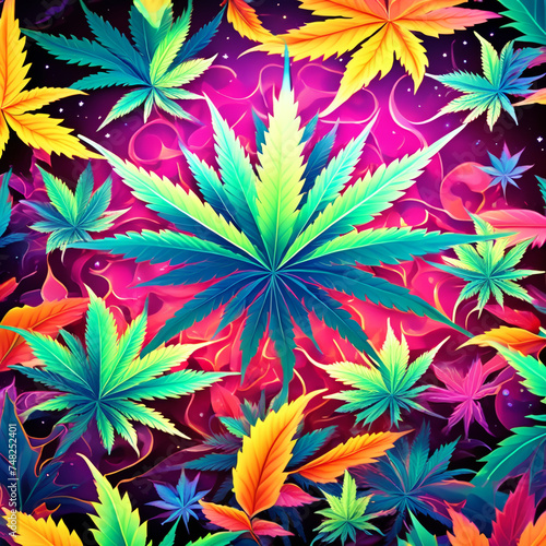 Wallpaper Mural Neon-colored cannabis leaves morph into alien creatures in a kaleidoscopic space. DMT art style Torontodigital.ca
