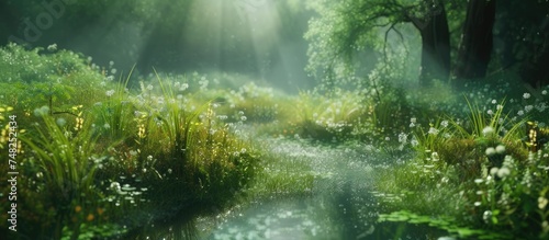 A vibrant path cuts through a lush forest during the season of Spring, with greenery in full bloom and sunlight filtering through the canopy overhead.