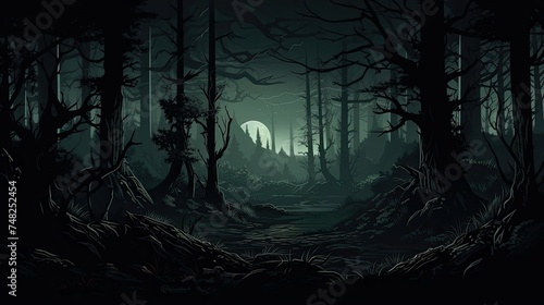A dark and mysterious forest with a full moon in the background. © Stock