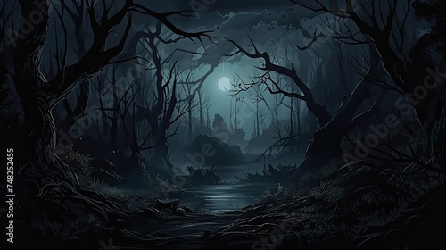 A dark and mysterious forest with a full moon shining through the trees.