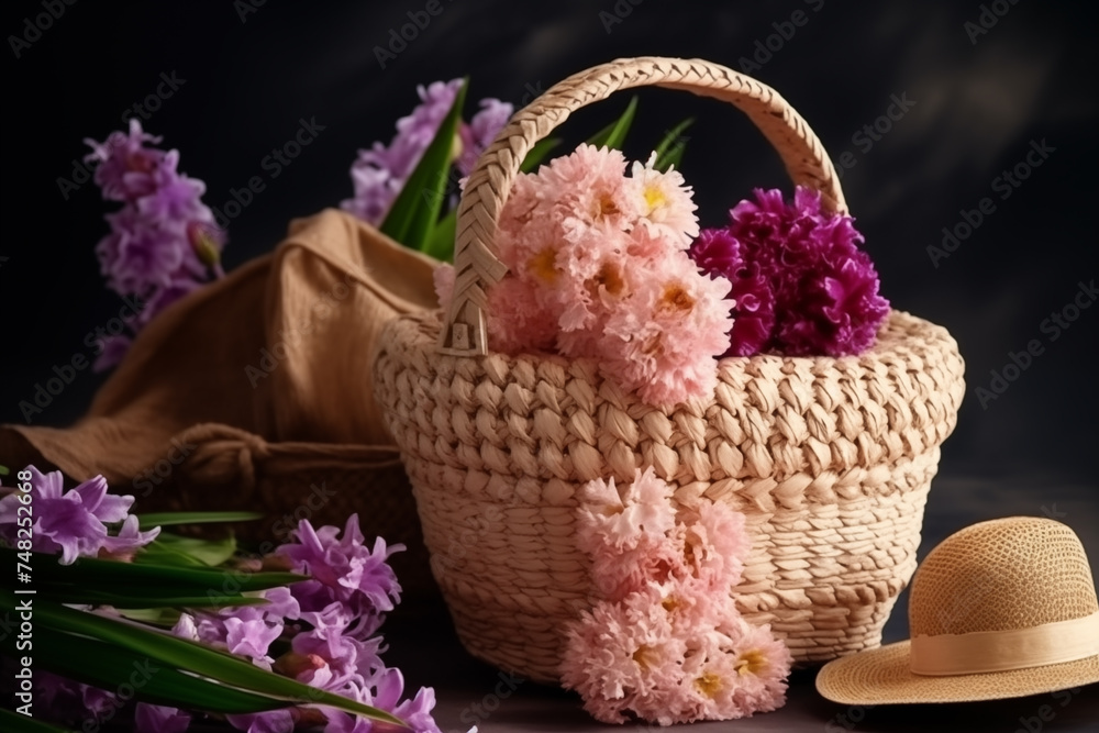 Flower arrangement in Wicker basket. Beautiful bouquet of mixed flowers. Flower composition